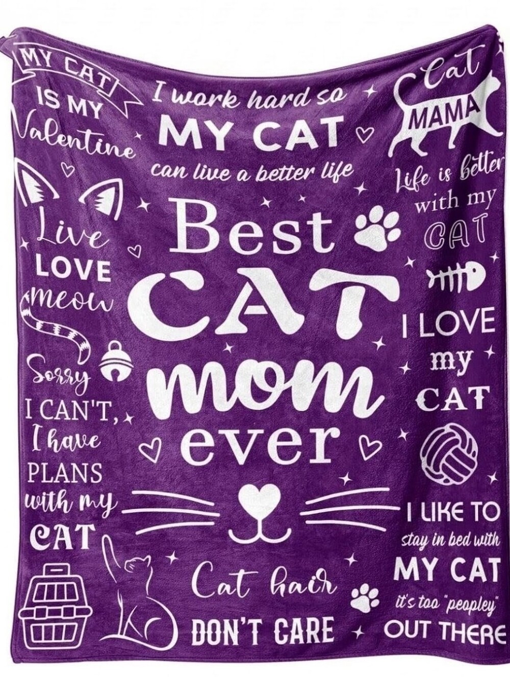 NWT. Best Cat Mom Ever Plush Velvet Throw Blanket 60"x50". Purple & White.